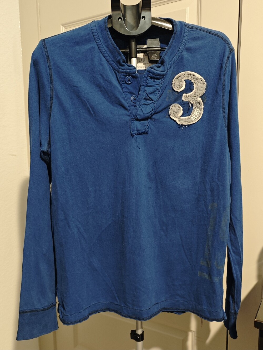 Aeropostale Men's Long Sleeve Henley Tee in Blue with White Patch